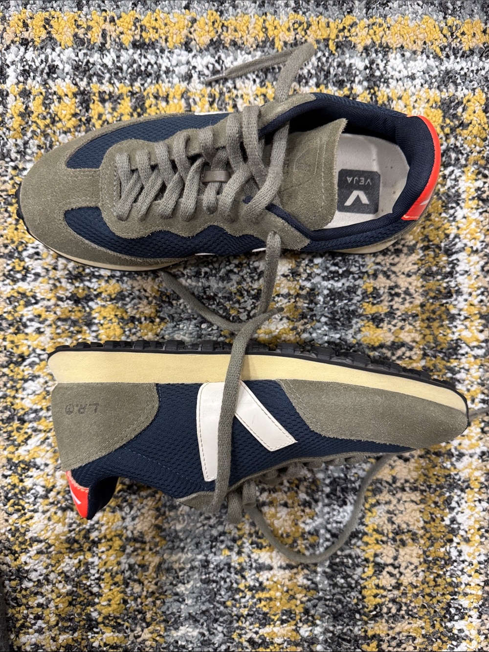 Veja Men’s Sneaker in Navy, Olive Green & White with Red Heel Tab